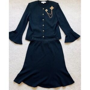 ST. JOHN Collection KNITS BLACK Blazers10 & Skirt 8 2pc Suit Golden Brooch